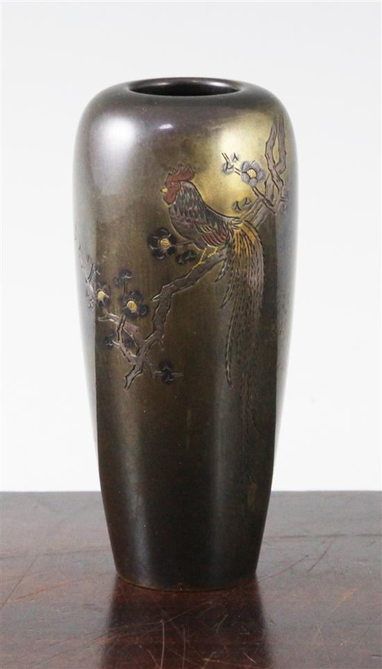 A Japanese bronze and mixed metal slender ovoid vase, early 20th century, 12cm